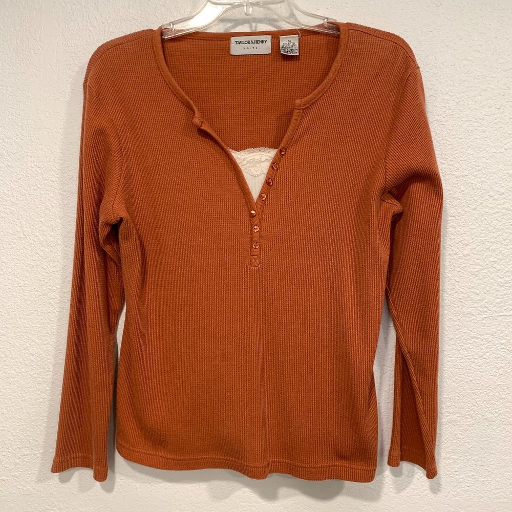 Taylor & Henry Pullover Top Waffle Knit Rust Brown Long Sleeves EUC Womens Med